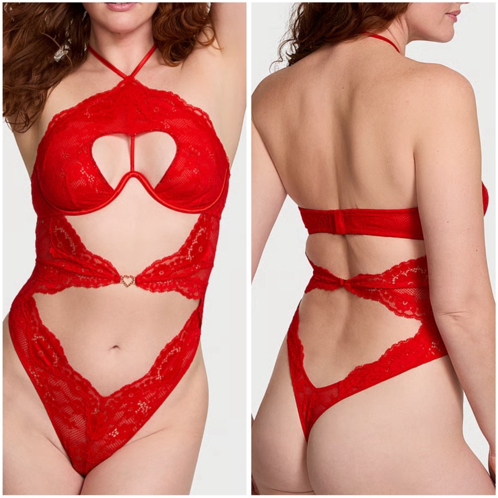 Victoria's Secret Red Lace Bodysuit With Built In Bra Large